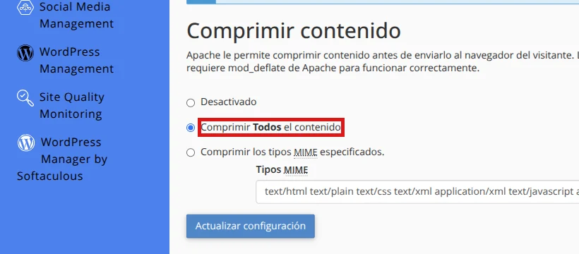 Selecciona Comprimir Todos el contenido en Optimizar sitio web de cPanel