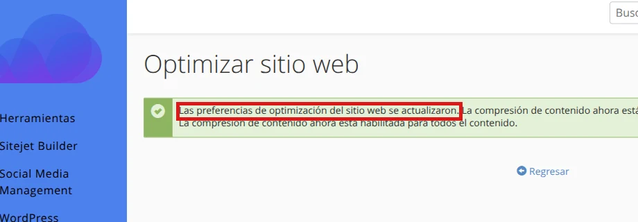 Mensaje de confirmación de Optimizar sitio web en cPanel