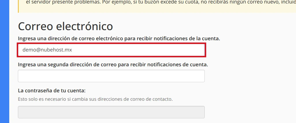 Escribe el correo principal de notificaciones en cPanel