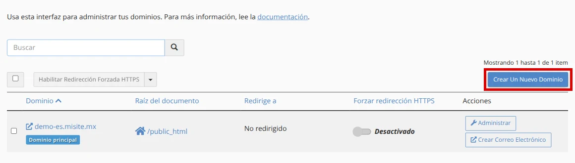 Botón Crear Un Nuevo Dominio en cPanel