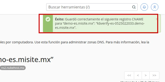 Confirma que cPanel guardó el registro CNAME