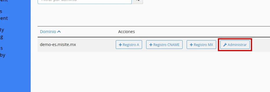 Haz clic en Administrar para el dominio