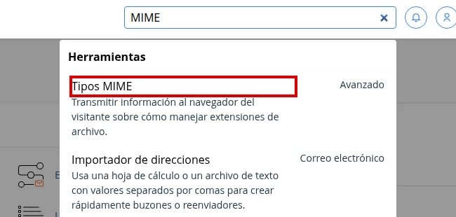 Ubica Tipos MIME en el buscador de cPanel