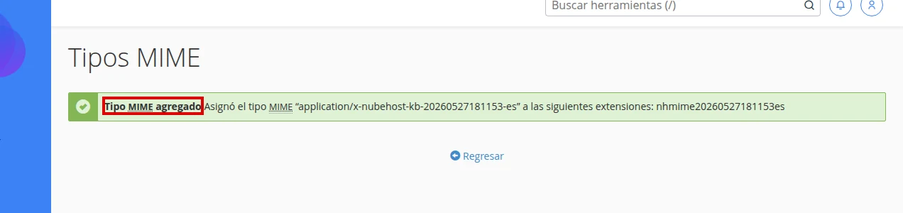 Confirmación Tipo MIME agregado en cPanel