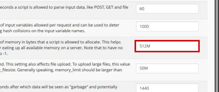 Campo memory_limit seleccionado en Editor INI de MultiPHP