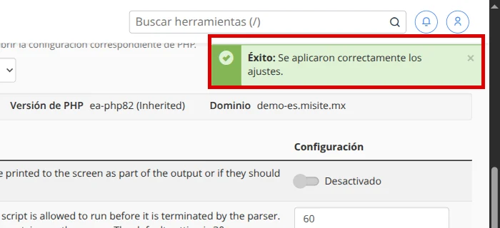 Confirmación de ajustes aplicados correctamente en cPanel
