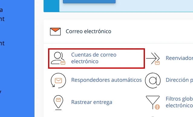 Opción Cuentas de correo electrónico en la sección Correo electrónico de cPanel