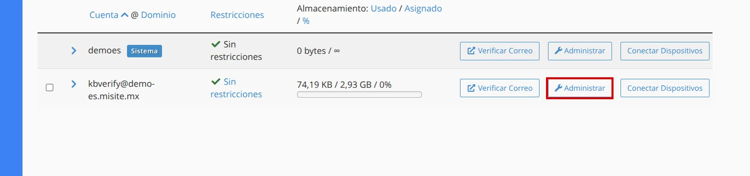 Botón Administrar de una cuenta de correo en cPanel