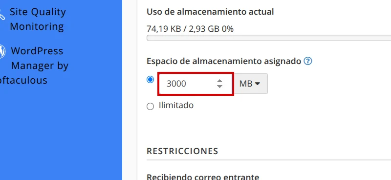 Campo Espacio de almacenamiento asignado en cPanel