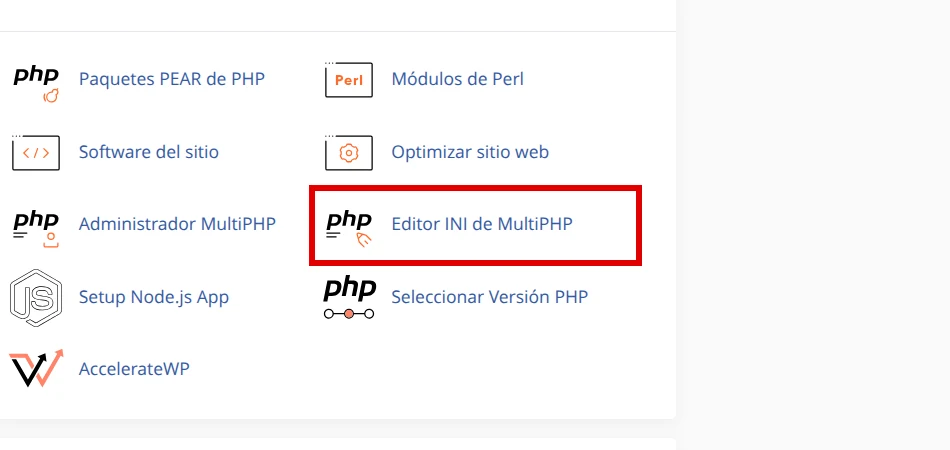 Ubica Editor INI de MultiPHP en la sección Software de cPanel