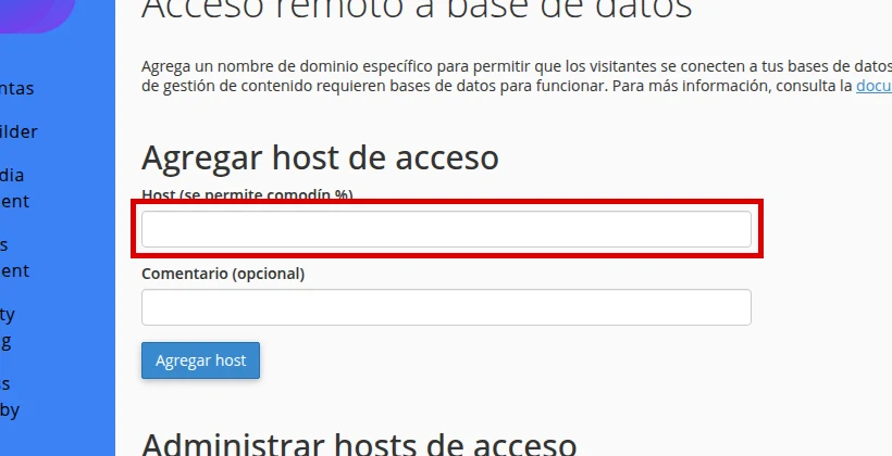 Escribe la IP pública en el campo Host de Acceso remoto a base de datos