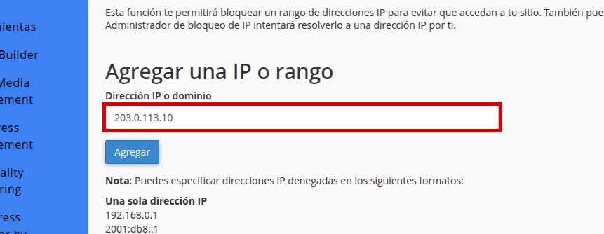 Agrega una IP o rango en Bloqueador de IP