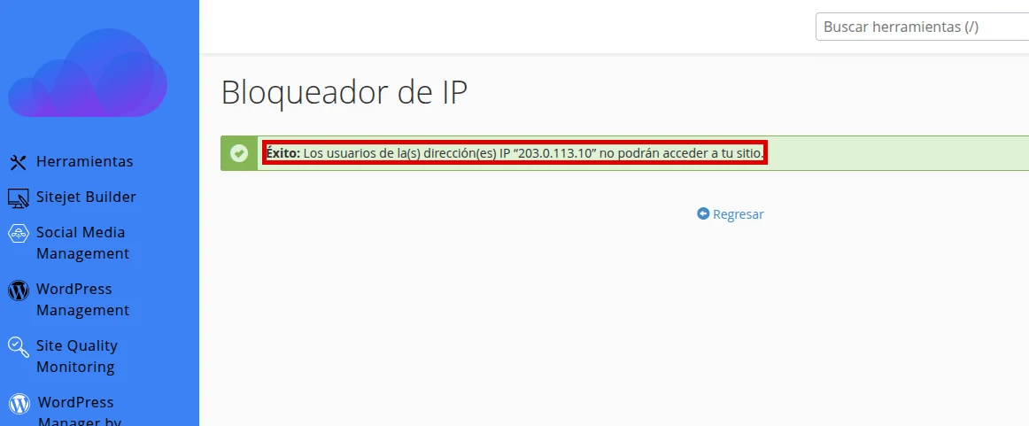 Confirma el mensaje de éxito al bloquear la IP