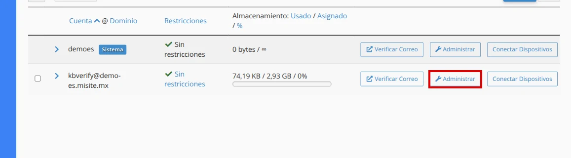 Botón Administrar de una cuenta de correo en cPanel