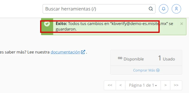 Aviso de éxito después de guardar la nueva contraseña