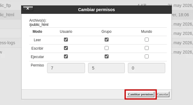 Revisa la ventana Cambiar permisos en cPanel