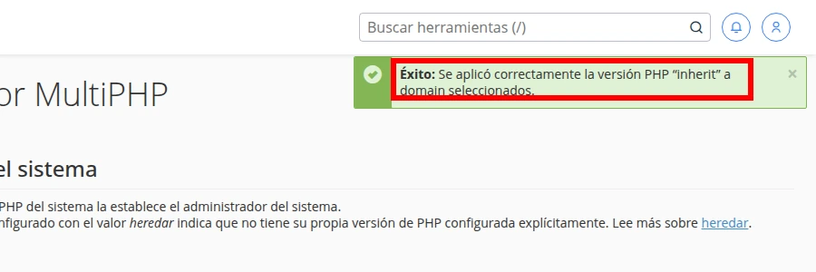 Confirma que cPanel aplicó la versión de PHP