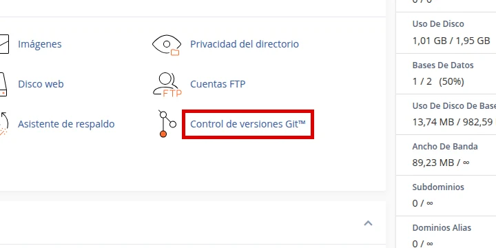 Ubica Control de versiones Git en cPanel