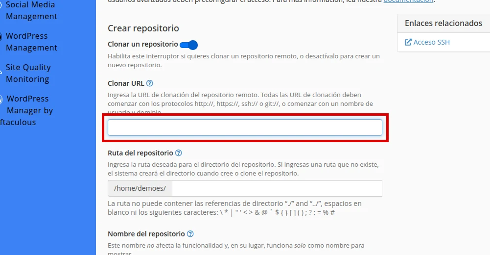 Completa los campos para clonar un repositorio en cPanel