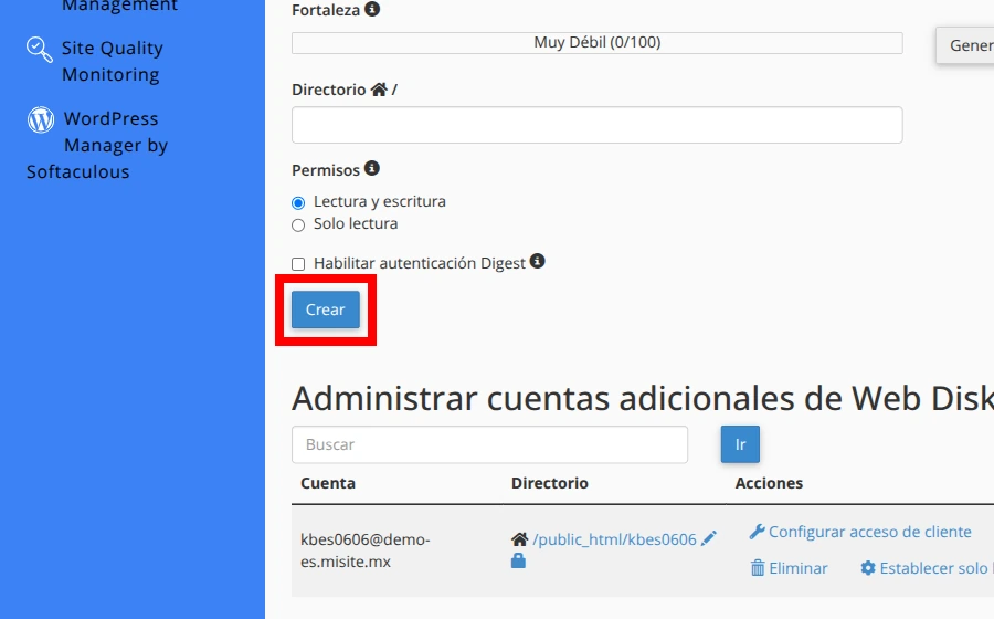 Crea una cuenta adicional de Web Disk
