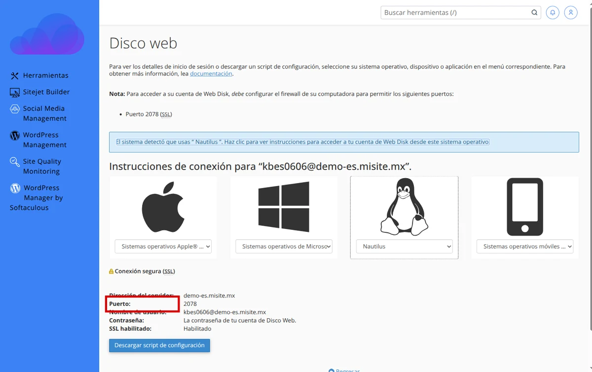 Revisa los datos de conexión segura de Web Disk