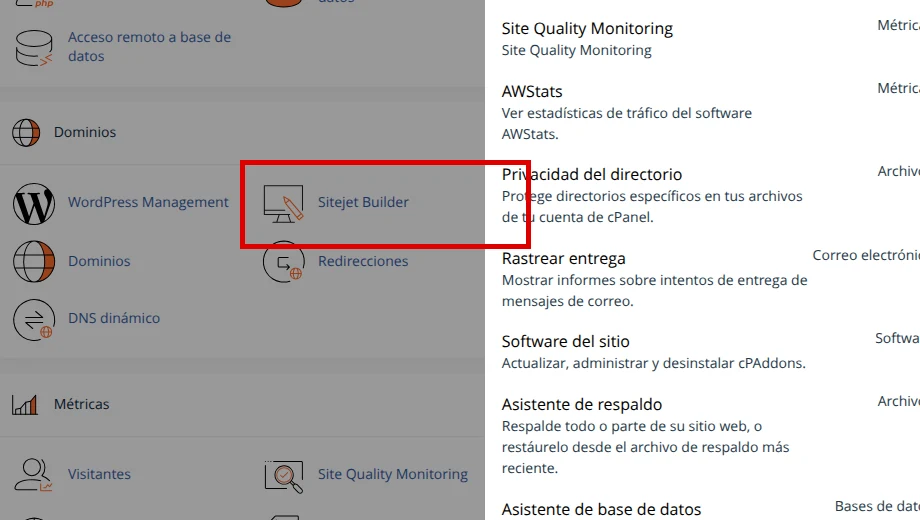 Ubica Sitejet Builder en cPanel