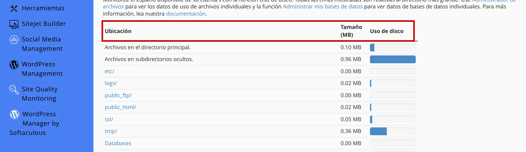 Tabla de Uso de disco con ubicación, tamaño y barras de consumo en cPanel
