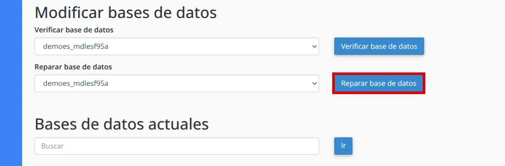 Selecciona la base y usa Reparar base de datos