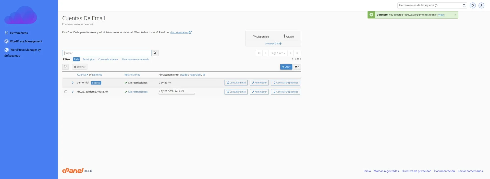 Listado de buzones con cuenta creada