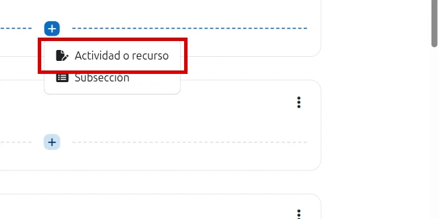 Opción Actividad o recurso resaltada en Moodle en español