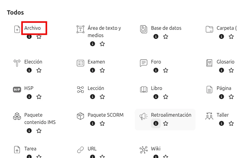 Recurso Archivo resaltado en la ventana Añadir una actividad o recurso de Moodle en español