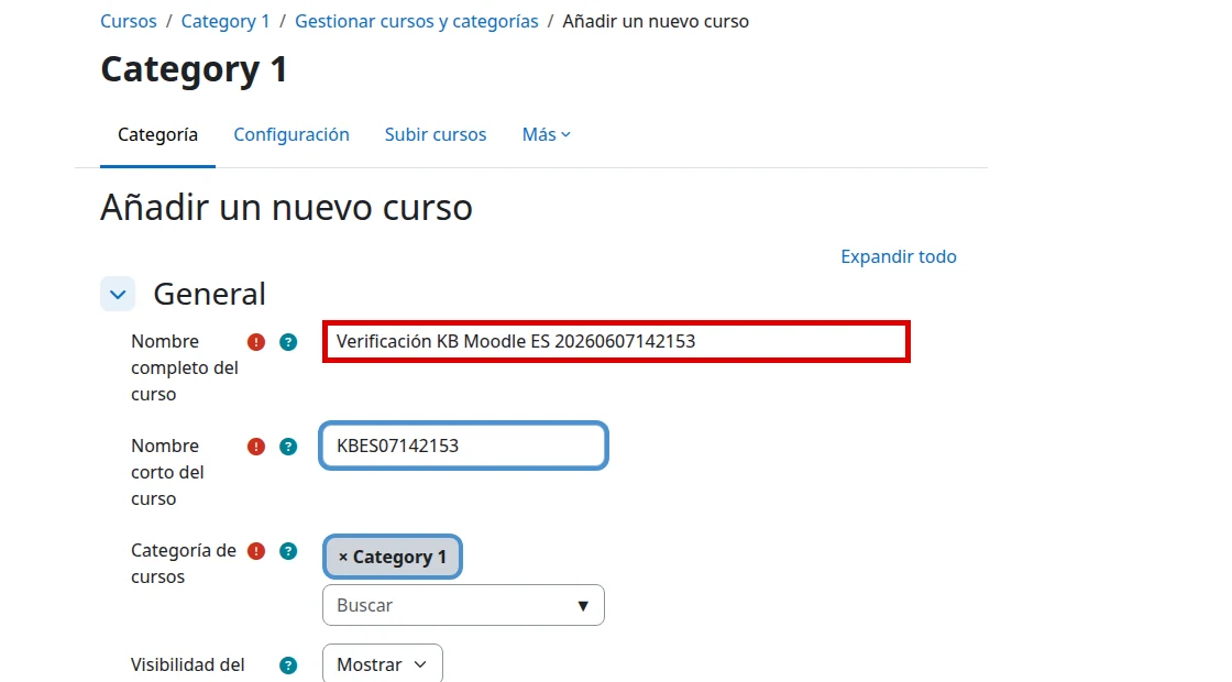 Campos Nombre completo del curso y Nombre corto del curso en Moodle en español