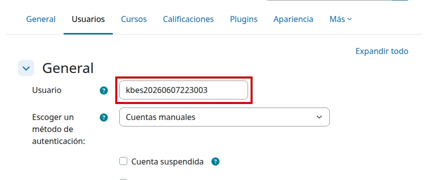 Campo Usuario en el formulario Añadir un nuevo usuario de Moodle en español