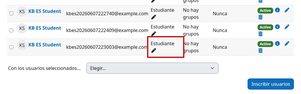 Usuario inscrito con rol Estudiante en la lista de Participantes de Moodle en español