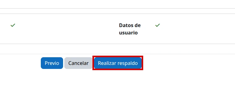 Botón Realizar respaldo resaltado en Moodle en español