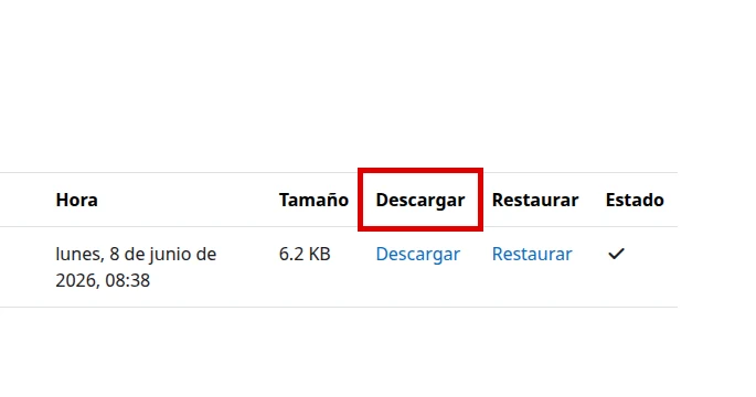 Enlace Descargar resaltado en el área de respaldos de curso de Moodle en español